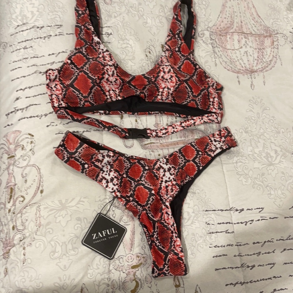 NWT Zaful Thong Bikini- Red and Black Snake Skin